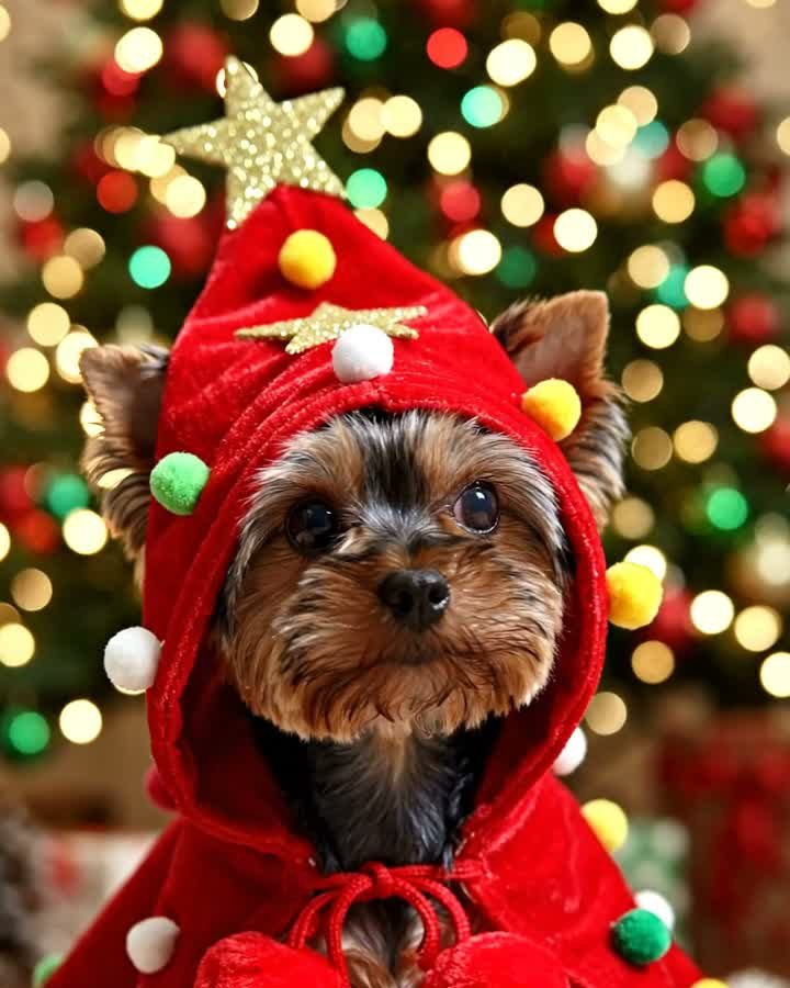 Dog wearing the red Christmas-tree hooded cape